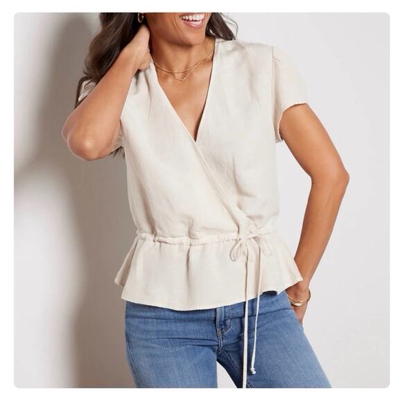 Cloth & Stone Beige Linen Blend Wrap Top Coastal Lagenlook Beachy Womens Small - Picture 1 of 7